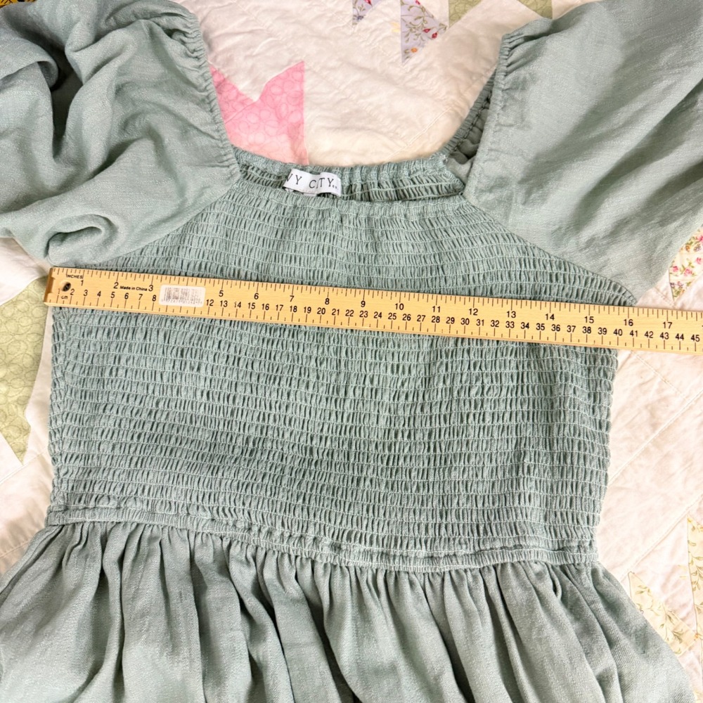 Ivy City Co Sage Green Smocked Cotton Midi Dress Puff Sleeve Large Cottagecore - Picture 8 of 10